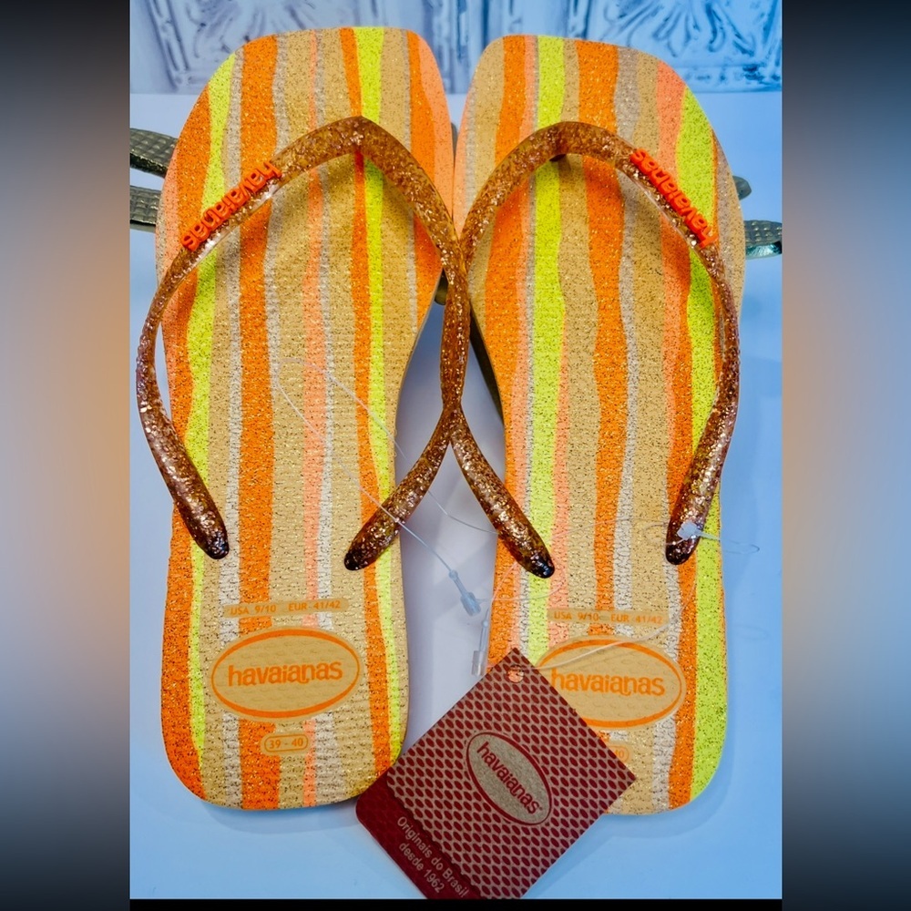 NWT Havaianas Slim Square Folia Flip Flops Glitter Striped Wom 9/10 Peach Orange - Picture 4 of 14